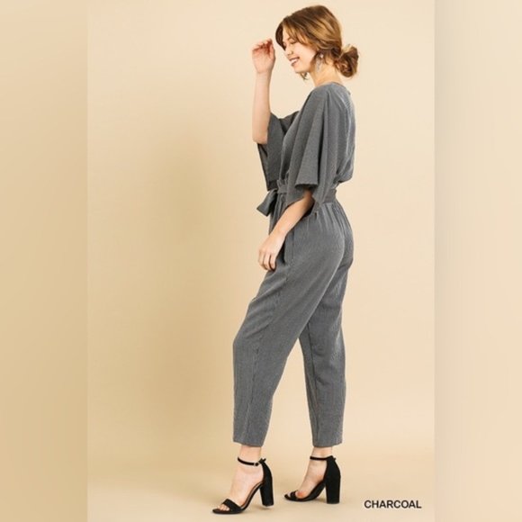 Umgee | Carmen Pinstripe Jumpsuit Paperbag Wide Sleeve Charcoal Black New Medium - Picture 6 of 15